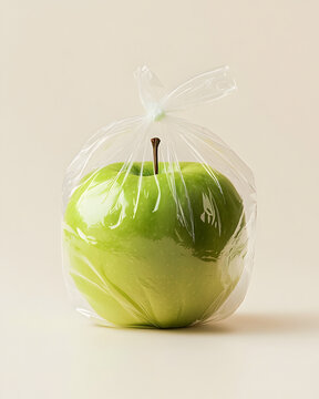 Green apple wrapped in plastic bag, food packaging and plastic pollution concept