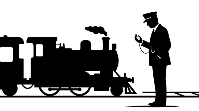 Silhouette of train conductor checking his pocket watch near a vintage steam locomotive on tracks