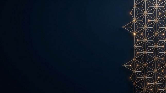 Deep midnight blue technology background with glowing brass Asanoha geometric network and data nodes