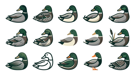 Fototapeta premium Collection of stylized duck illustrations and icons.