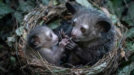 Naklejka premium Aye-aye mother and baby interact tenderly in their natural nest environment