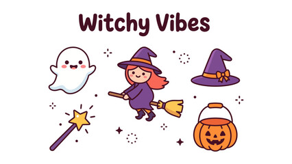 Fototapeta premium Cute halloween vector icon set featuring a ghost, a little witch on a broomstick, a witch hat, a magic wand, and a jackolantern candy bucket