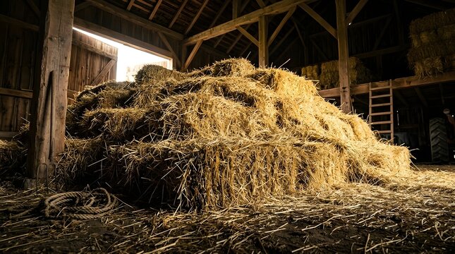 Pile of dry hay bales inside rustic wooden farm barn with natural sunlight coming through open door