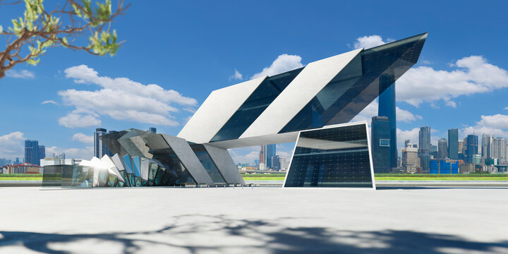 3d rendering futuristic architectural building with city skyline background