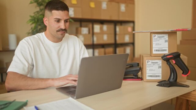 Man hands typing on laptop amid packed shipping boxes and barcode scanner on desk in building; productivity focus.