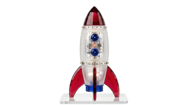 A small red and silver toy rocket ship standing upright as a decorative model for children and space exploration themes isolated on transparent background