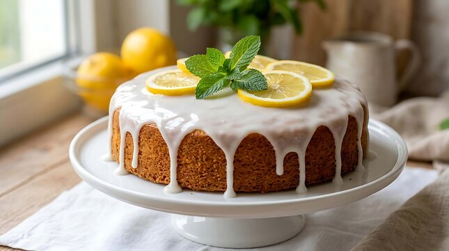 Delicious frosted lemon cake with fresh mint and lemon slices on a decorative plate