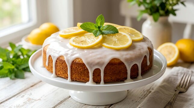 Delicious bundt cake topped with white icing and lemon slices on a white plate