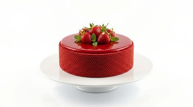 Elegant red velvet cake with fresh strawberries on a glass cake stand