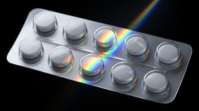 White pills in a silver blister pack with a rainbow light reflection.