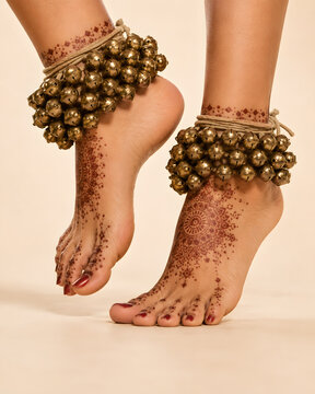 Indian classical dancer feet with traditional ghungroo bells and mehndi