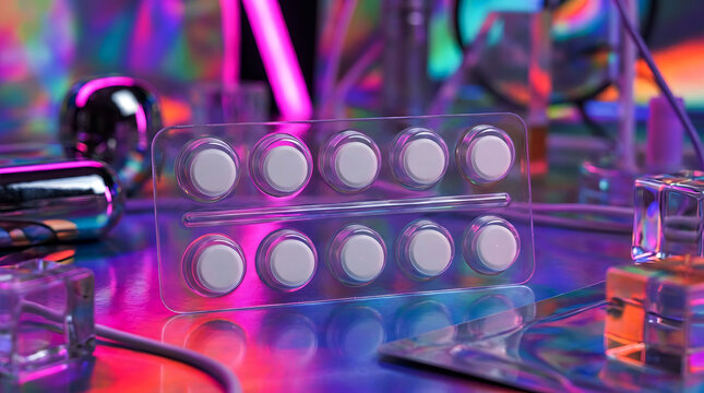 Modern mechanical keyboard switches on a desk with bright neon light colors.