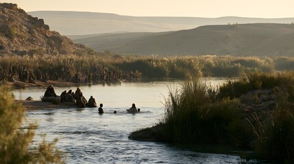 Naklejka premium A crowd of people gathered at the riverbank to witness a baptism in a desert landscape at sunrise