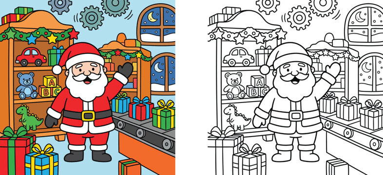 Santa Claus in Toy Workshop with Coloring Page, Christmas Holiday Vector Illustration for Kids with Line Art Outline