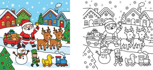 Fototapeta premium Cute Christmas coloring page with Santa Claus reindeer snowman and toys in snowy winter village vector illustration