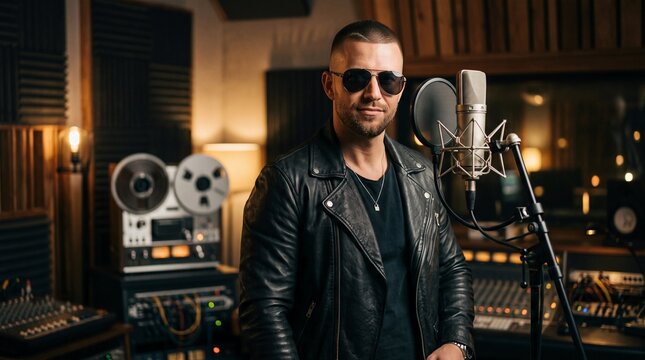 Male Musician Recording Vocals in Professional Studio