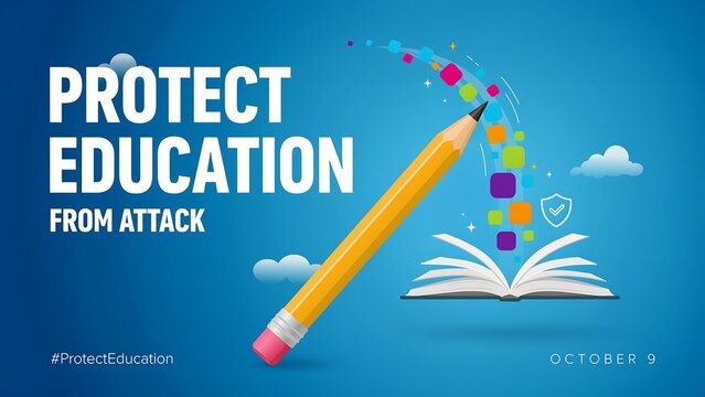 Pencil protecting open book from colorful attack icons