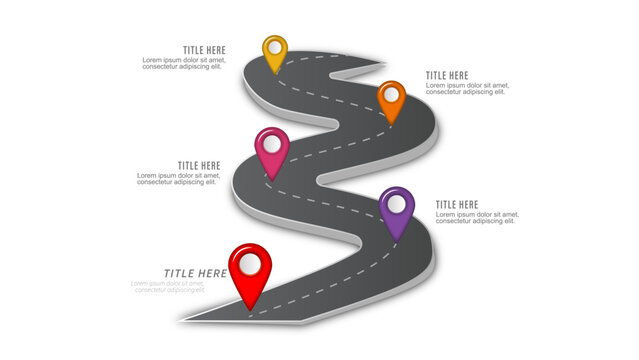 Curved road map infographic layout with colorful map pointers text placeholders and asphalt path vector illustration