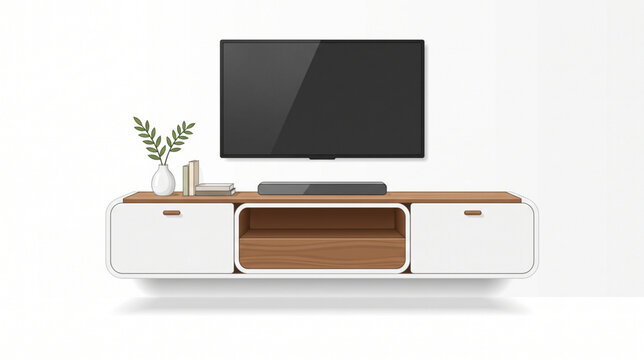 Modern floating tv stand cabinet unit with smart television isolated on white background