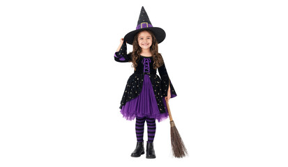 Obraz premium Cute Little Girl Wearing a Purple Witch Halloween Costume and Holding a Magic Wand and Broom