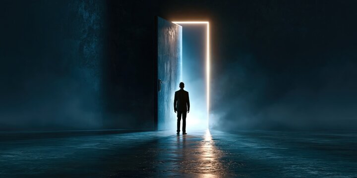 Man standing before an open glowing doorway, symbolizing new opportunities and unknown future path
