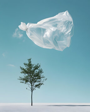 Plastic bag floating above tree, environmental pollution and nature protection concept