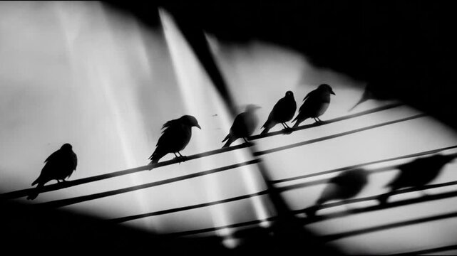 A flock of small birds are silhouetted against a bright, abstract background, perched on parallel wires in a striking visual composition