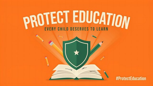 Protect education shield on open book graphic