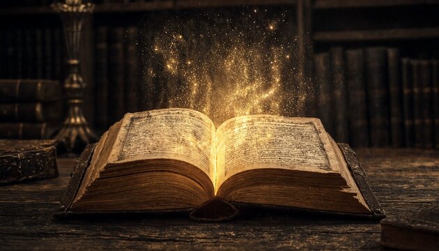 An open ancient magical book glowing with golden light in a dark mysterious library setting