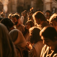 Fototapeta premium A crowd of people in ancient attire gathered in a sunlit courtyard, looking upward with expressions of awe and wonder