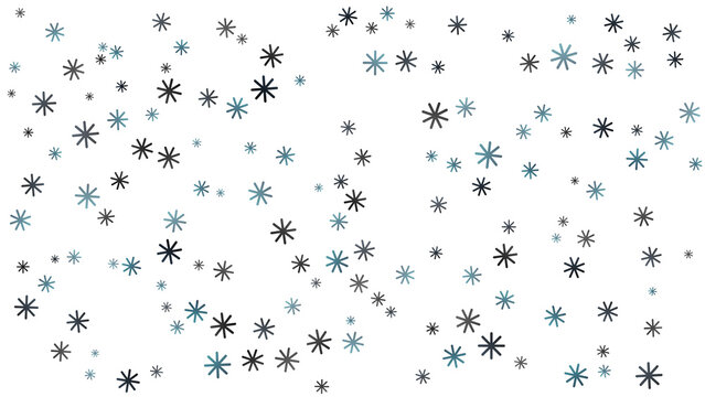 Falling blue and black snowflakes scattered on a white winter background