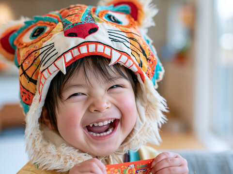 Happy Asian Child in Traditional Tiger Hat Celebrating New Year