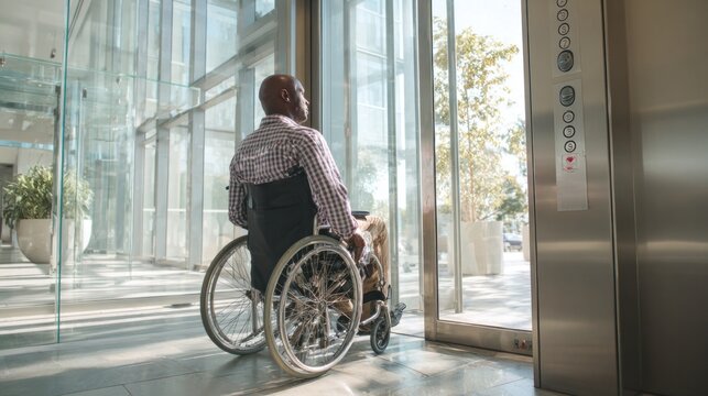 Businessman in wheelchair waiting for elevator in modern office building