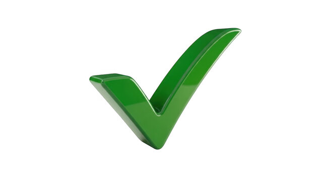 Shiny green 3d check mark icon symbol for business success and correct choice sign isolated on transparent background