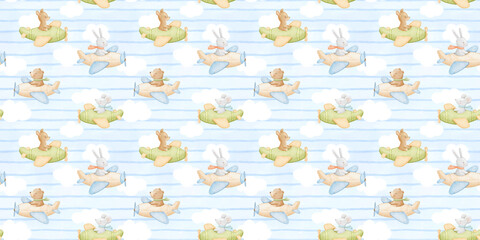 Seamless striped pattern with cute animals flying vintage plane in clouds. Childish characters for kids. Watercolour hand drawn sky illustrations, funny bear, bunny and baby kangaroo © Elena