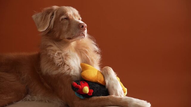 A Nova Scotia Duck Tolling Retriever dog looks toward camera in warm studio light. Soft background and detailed fur create cinematic portrait atmosphere.