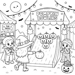Fototapeta premium Halloween Night Market Coloring Pages | Spooky & Fun Market Scenes Featuring Witches, Ghosts, Vampires, Monsters, Treat Stalls, Pumpkin Shops, Halloween Games & Magical Night Market Adventures