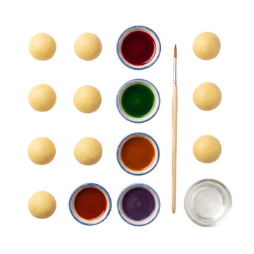 Unpainted Thai luk chup with food coloring and brush isolated on transparent background