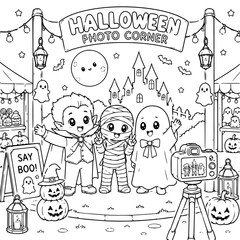 Obraz premium Halloween Night Market Coloring Pages | Spooky & Fun Market Scenes Featuring Witches, Ghosts, Vampires, Monsters, Treat Stalls, Pumpkin Shops, Halloween Games & Magical Night Market Adventures