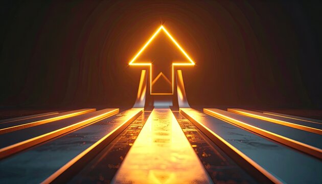 A neon arrow points upwards on a futuristic path with glowing lines.