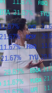 Animation of data processing over diverse business people eating in office