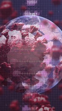 DNA structure, Covid-19 cells and globe against blue background