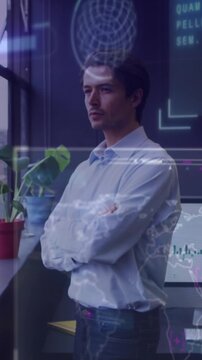 Animation of data processing over caucasian businesswman working in office