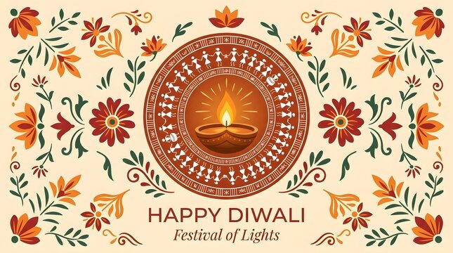 Happy diwali festival of lights greeting card with traditional warli art style oil lamp and floral motifs
