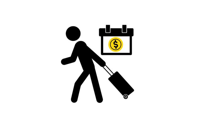 Paid time off concept featuring a person holding luggage alongside money symbols, representing vacation leave, employee benefits, travel, and financial compensation.