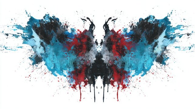 Colorful Rorschach inkblot test artwork resembling a butterfly on a white background.