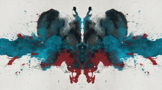 Symmetrical Rorschach inkblot test with vibrant blue and red watercolor paint splatters.
