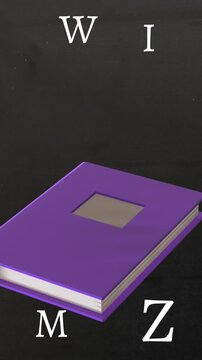 Animation of book over letters on black background