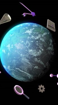 Animation of education icons with globe over black background