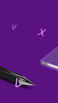 Animation of book and pen over letters on purple background